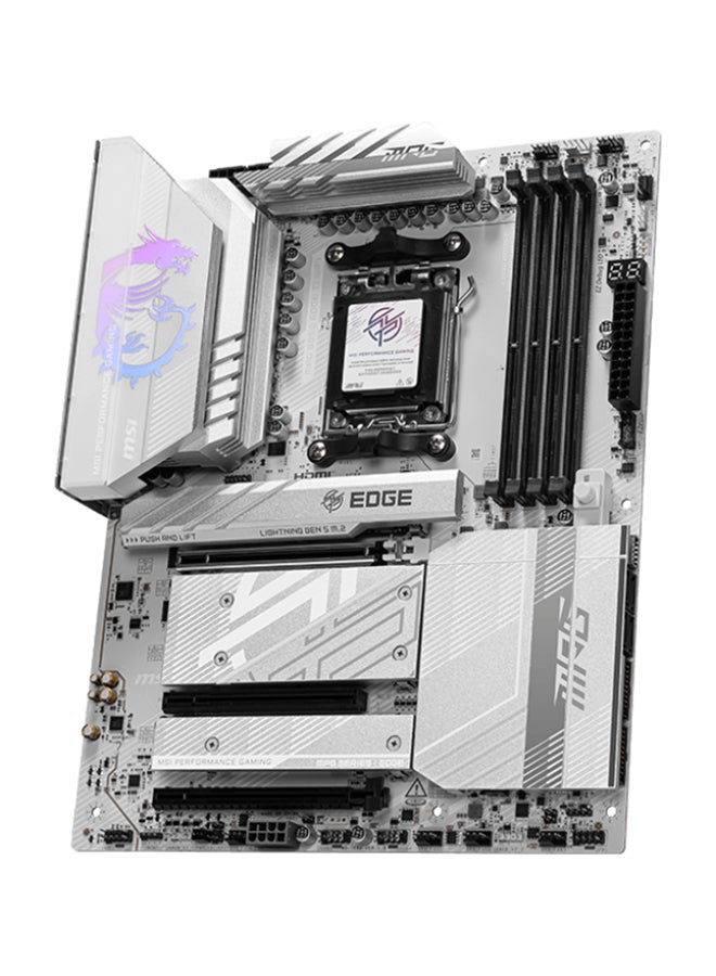 MSI - MPG B850 EDGE TI Wi-Fi ATX Motherboard for AMD Ryzen™ 9000/8000/7000 Series (AM5 Socket), DDR5 up to 8400MHz (Max 256GB), PCIe 5.0, 4x M.2 Slots, Wi-Fi 7, 5G LAN, Realtek ALC4080 Audio, USB 20Gbps Type-C, AI Engine, Frozr AI Cooling, 7.1-Channel Audio, RAID Support, Bluetooth 5.4, RGB LED, EZ Debug LED | 911-7E62-001 White - Image 1