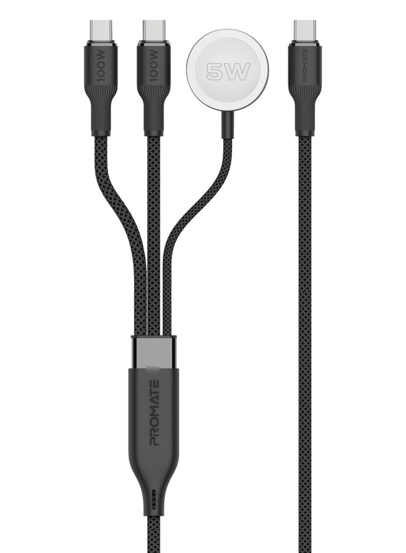 بروميت All-in-One USB-C Cord with Ultra-Fast PD100W Charging, Seamless Sync and Charge Support, 140cm Nylon Braided Design, and 480Mbps Data Transfer Speed, Fusion-CCW black - Image 1