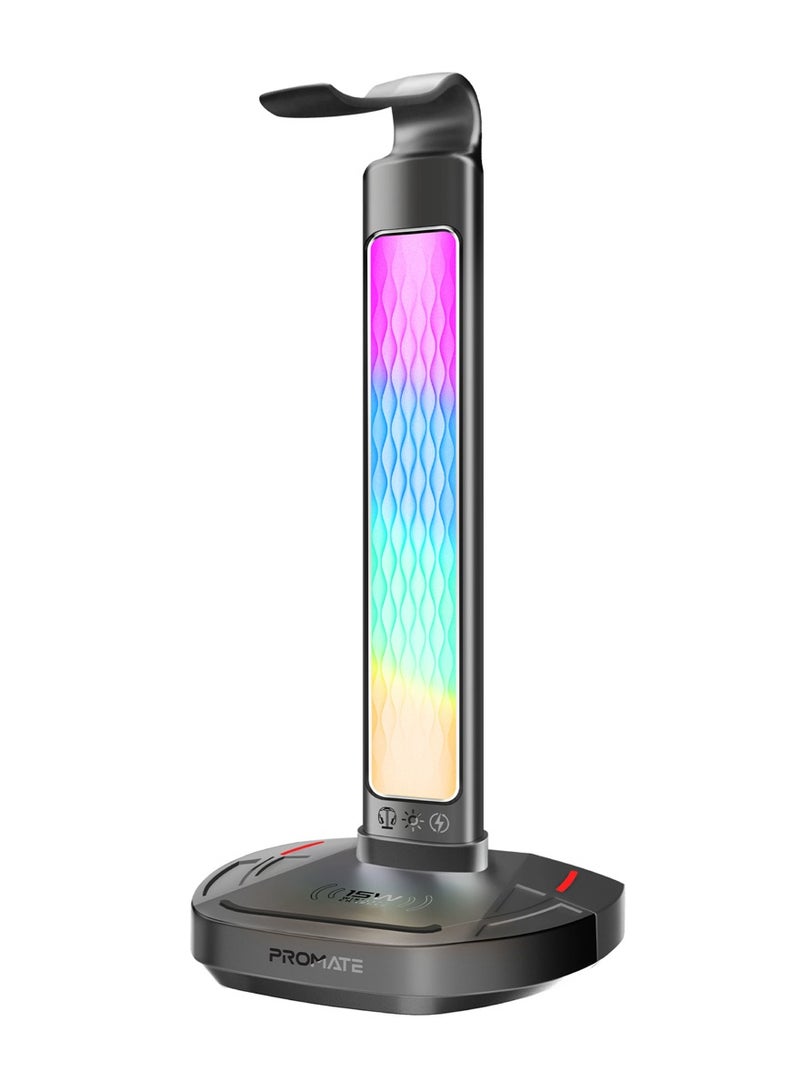 بروميت 4-In-1 Multifunctional RGB Headset Stand with 15W Wireless Charger, USB-C and Dual USB-A Ports, Rapid 480Mbps Data Transfer, Vibrant RGB Lighting, Fast USB-C Input, Ergonomic Design, Fort-X black  - Image 1