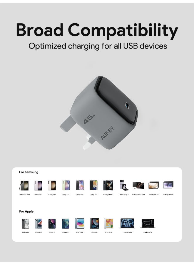 Aukey "AUKEY Comet 45W World Most Compact GAN Technology and PD Wall Charger PA-C2 Gray" Grey - Image 5