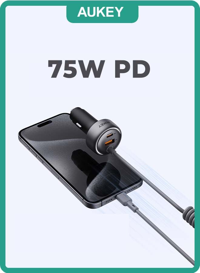 Aukey Car Charger 75WPD-With Cable Grey  - Image 1
