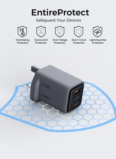 Aukey AUKEY Comet Mix3 100W PD Wall Charger with GaN Technology 2xUSB-C + 1xUSB-A PA-C5 Gray Gray  - Image 2