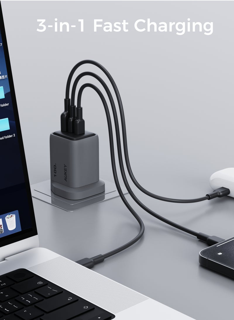 Aukey - AUKEY Comet Mix3 100W PD Wall Charger with GaN Technology 2xUSB-C + 1xUSB-A PA-C5 Gray Gray - Image 1