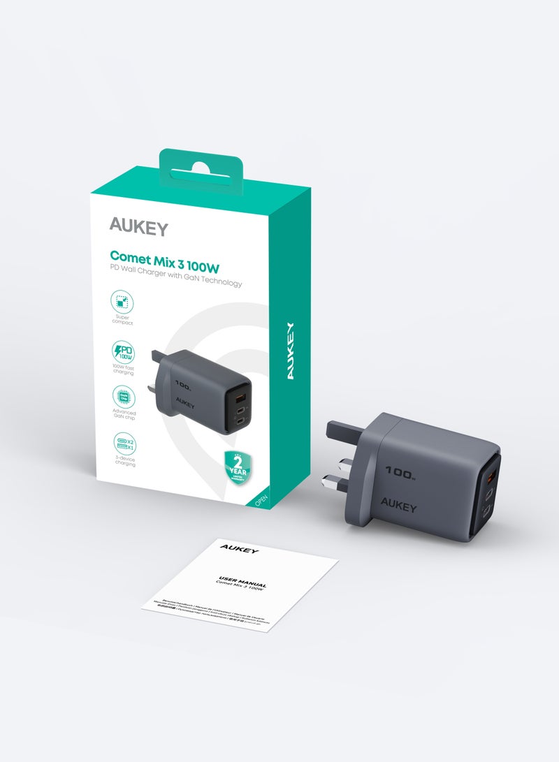 Aukey - AUKEY Comet Mix3 100W PD Wall Charger with GaN Technology 2xUSB-C + 1xUSB-A PA-C5 Gray Gray - Image 1