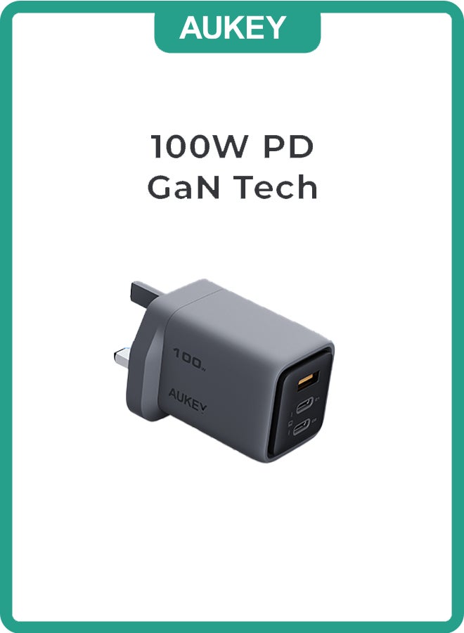 أوكي شاحن حائط AUKEY Comet Mix3 100W PD بتقنية GaN 2xUSB-C + 1xUSB-A PA-C5 رمادي - Image 1