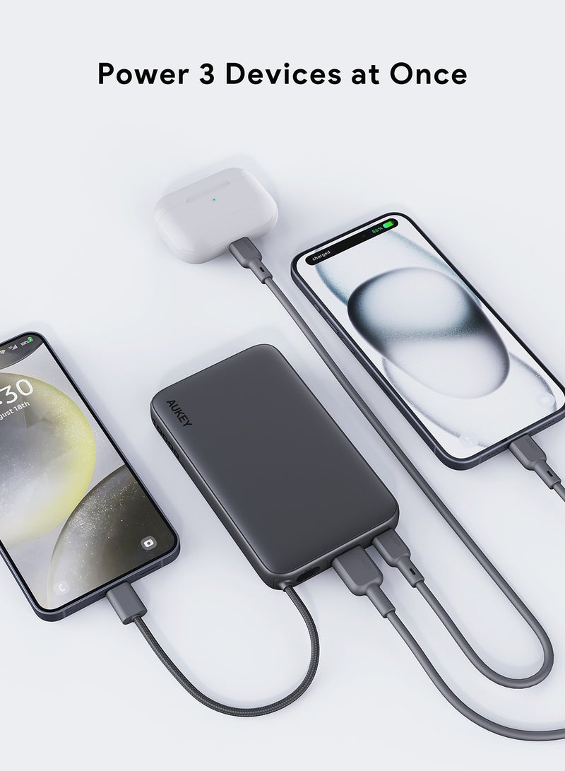 أوكي - AUKEY PB-Y53 Spark Sling 10,000mAh, Lite Slim Power Bank15W PD, Fast Charging, with Built-in USB-C Cable, Gray. - Image 1