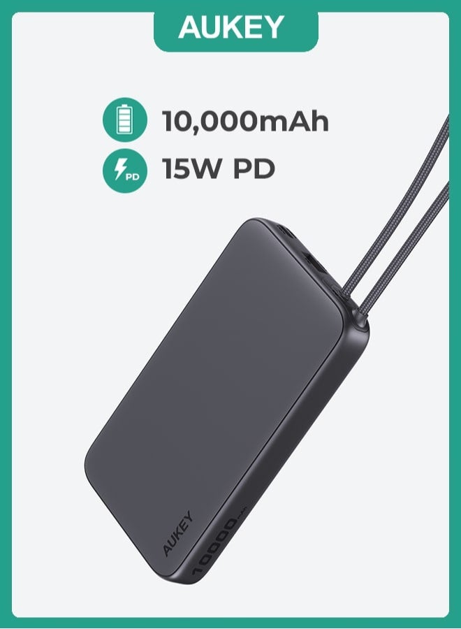 AUKEY PB-Y53 Spark Sling 10,000mAh, Lite Slim Power Bank15W PD, Fast Charging, with Built-in USB-C Cable, Gray. - Image 1
