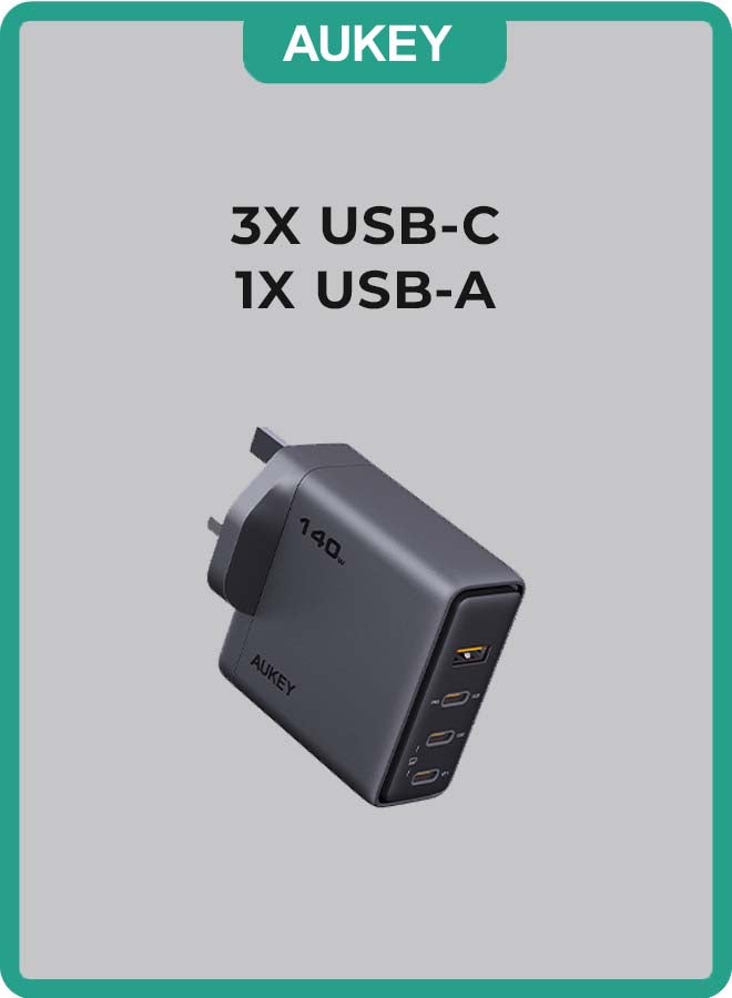 Aukey AUKEY Comet Mix4 140W PD Wall Charger with GaN Technology 3xUSB-C + 1xUSB-A PA-C6 Gray Gray  - Image 2