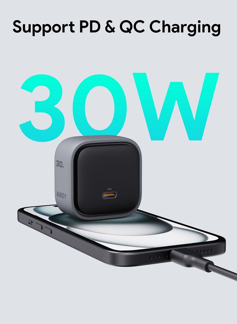 Aukey - PA-C1 Comet Super Compact 30W PD GaN Wall Charger with PPS Gray - Image 1