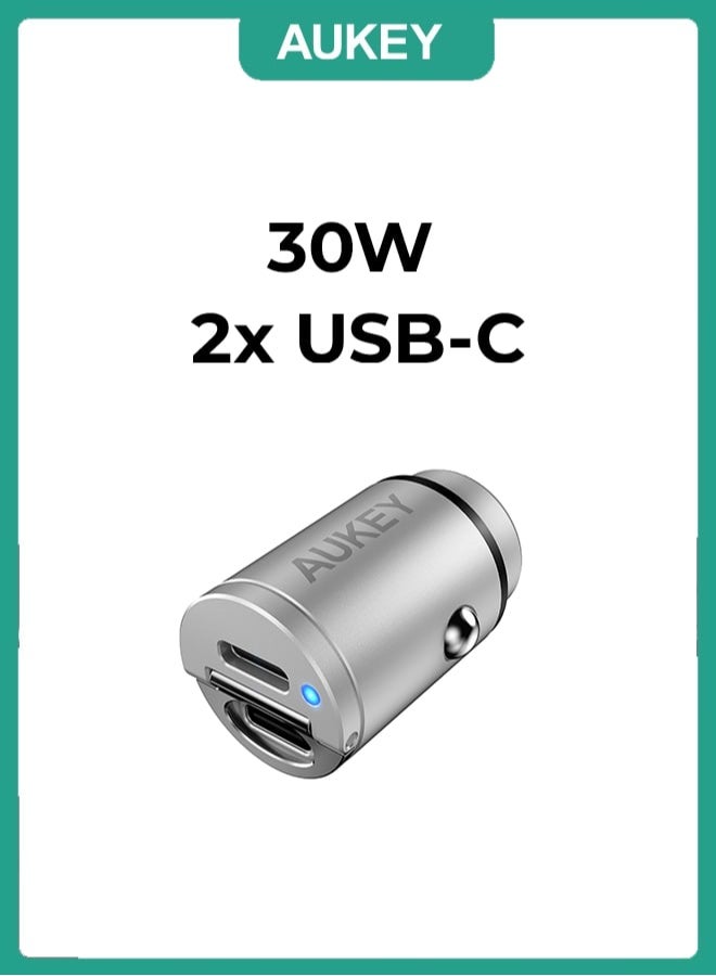 أوكي شاحن سيارة AUKEY PD نانو 30 واط 2-منفذ USB-C مزدوج فضي - Image 1
