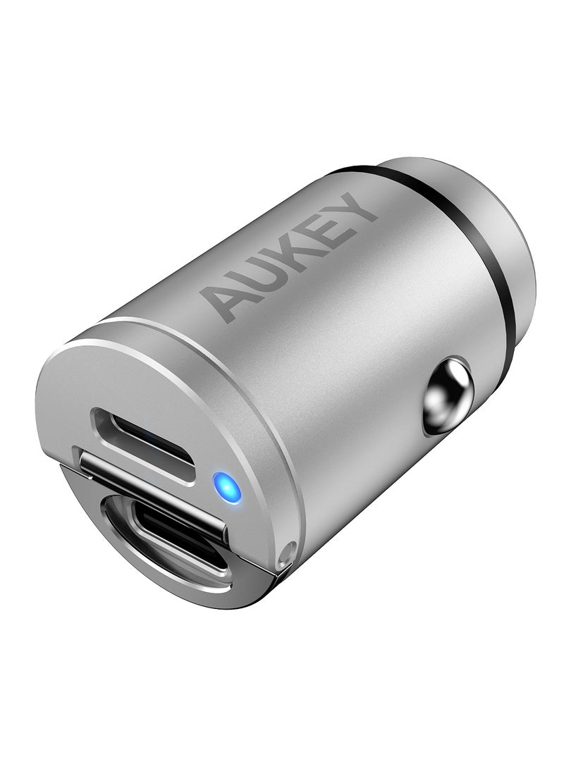 أوكي شاحن سيارة AUKEY PD نانو 30 واط 2-منفذ USB-C مزدوج فضي - Image 2