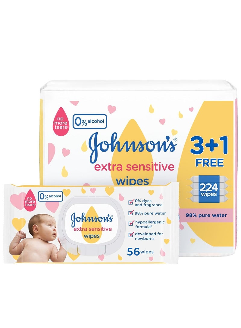Johnson's Extra Sensitive Baby Wipes - 3x 56 - 224 Count - Image 1