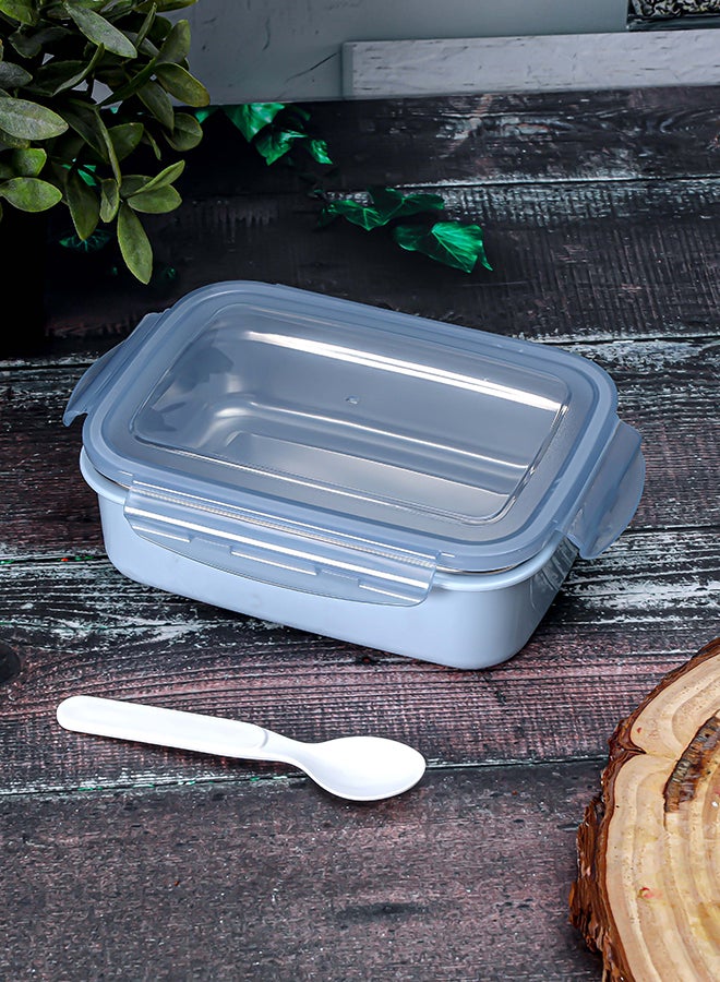 Royalford 850Ml Lunch Box With Ss Inner, Spoon & Plastic Body - RF12187 |Rectangle With Lid, 4 Side Locks. Food-Grade, Bpa-Free, Airtight, Leak-Proof. Compact, Portable Design Blue/Silver 270grams  - Image 2