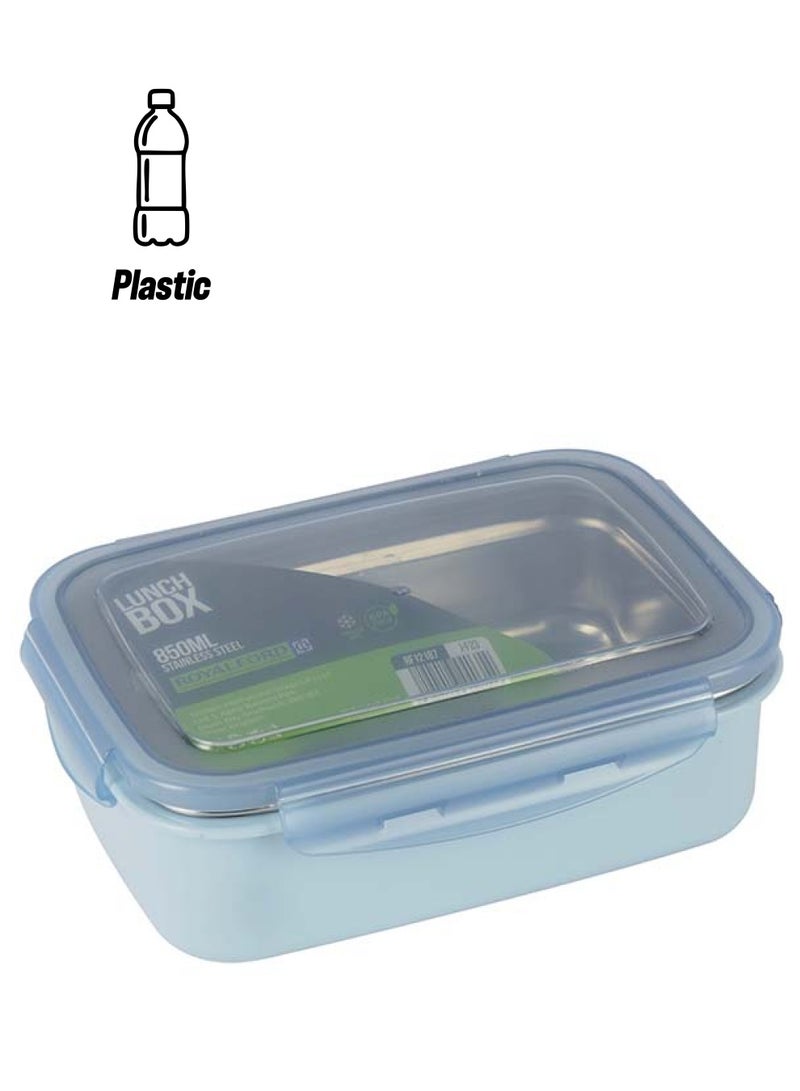 Royalford 850Ml Lunch Box With Ss Inner, Spoon & Plastic Body - RF12187 |Rectangle With Lid, 4 Side Locks. Food-Grade, Bpa-Free, Airtight, Leak-Proof. Compact, Portable Design Blue/Silver 270grams  - Image 1