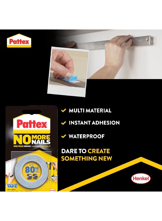 Pattex No More Nails Mounting Tape | 19mm x 1.5m | Heavy Duty Double-Sided Foam Tape | Holding Capacity: Upto 80kg/ Roll Clear - Image 2