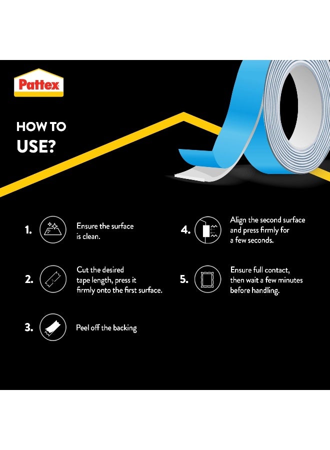 Pattex No More Nails Mounting Tape | 19mm x 1.5m | Heavy Duty Double-Sided Foam Tape | Holding Capacity: Upto 80kg/ Roll Clear - Image 3