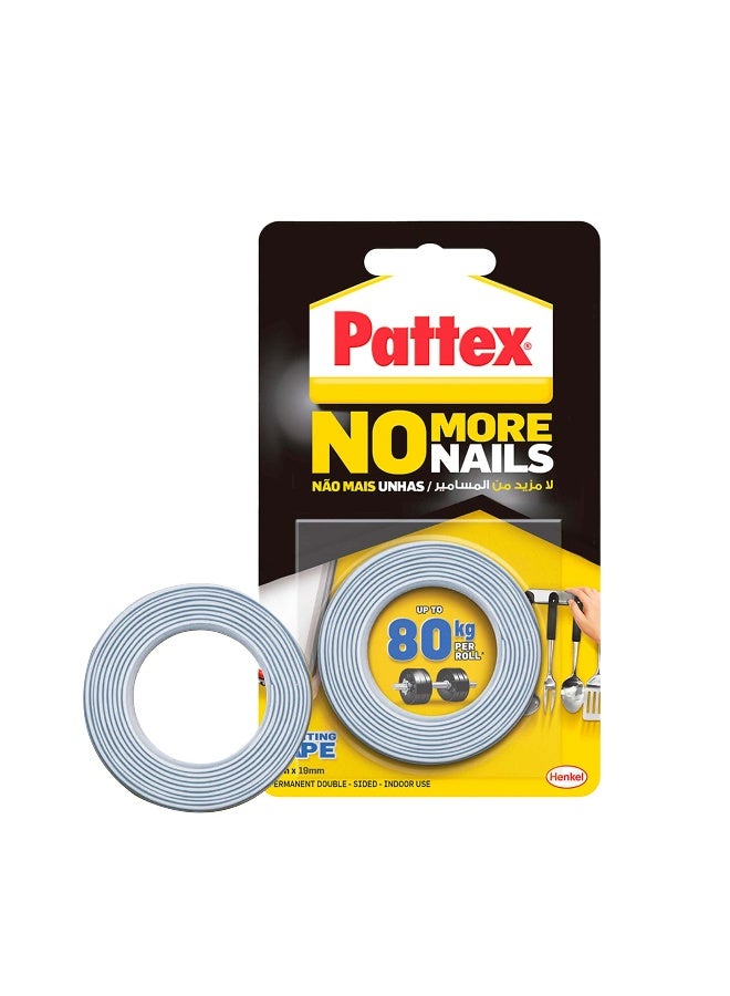 Pattex No More Nails Mounting Tape | 19mm x 1.5m | Heavy Duty Double-Sided Foam Tape | Holding Capacity: Upto 80kg/ Roll Clear - Image 1