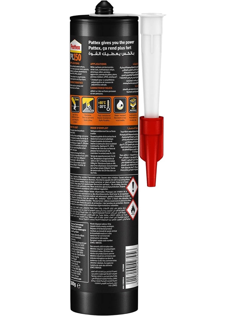 باتكس Pattex PL150, Water and Temperature Resistant Glue Adhesive, Mounting Adhesive for Indoor and Outdoor Use, Extra Strong Glue  Cartridge 380g White  - Image 2