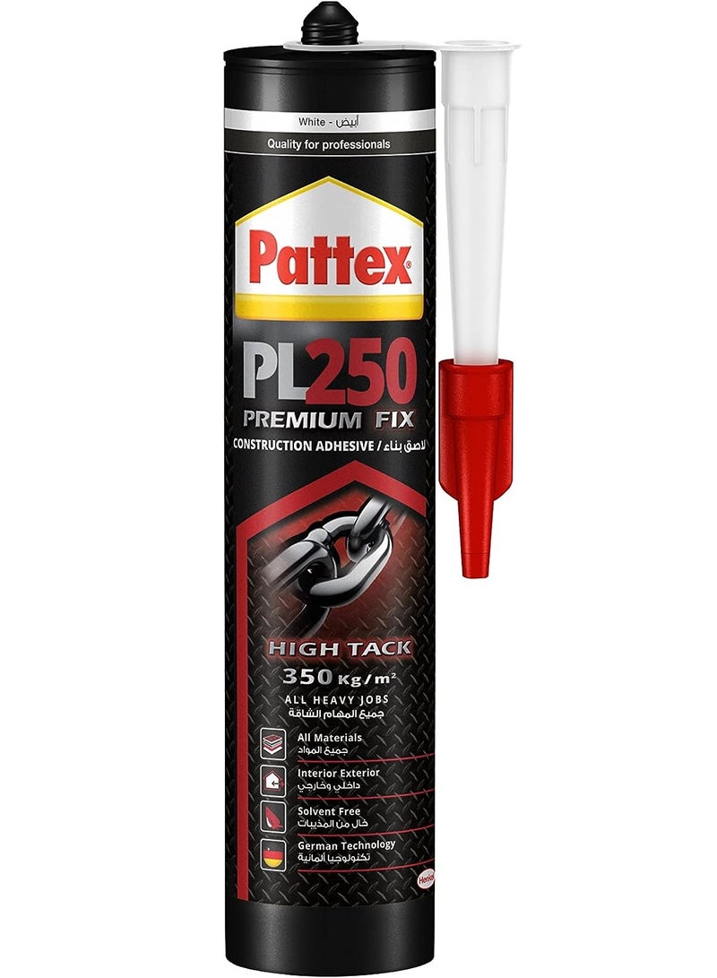 باتكس Pattex PL250 Premium Fix, High Quality Mounting Adhesive, Heavy Duty Adhesive for All Substrates, Flexible and Powerful Construction Adhesive Cartridge 440g White  - Image 1