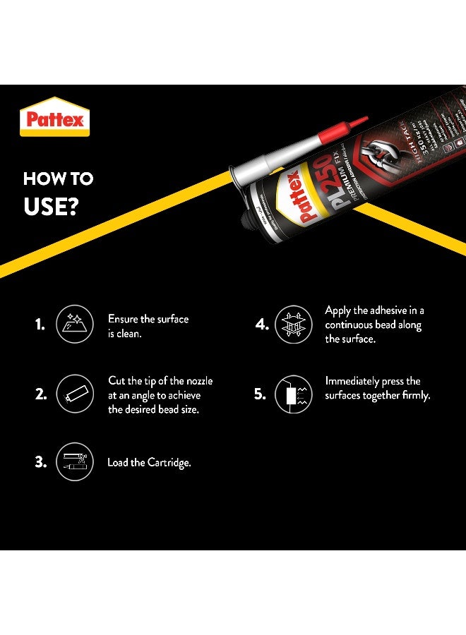Pattex PL250 Construction Adhesive White - 440g | High Strength Polymer Adhesive for Heavy Jobs | Suitable for Stone and Glass White - Image 3