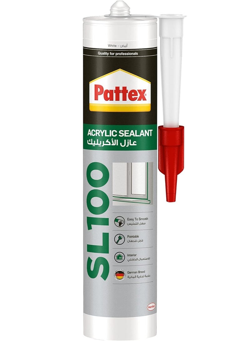باتكس Pattex SL100 Acrylic Sealant in White, Joint Filler for Interior Use, Ideal for Cracks, Door & Window Frame Sealant, Easy to Use White Sealant, 1x280ml Cartridge Clear  - Image 1