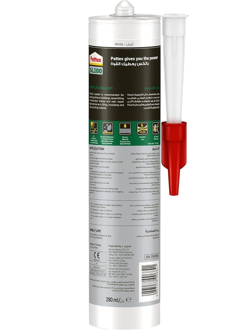 باتكس Pattex SL100 Acrylic Sealant in White, Joint Filler for Interior Use, Ideal for Cracks, Door & Window Frame Sealant, Easy to Use White Sealant, 1x280ml Cartridge Clear  - Image 2