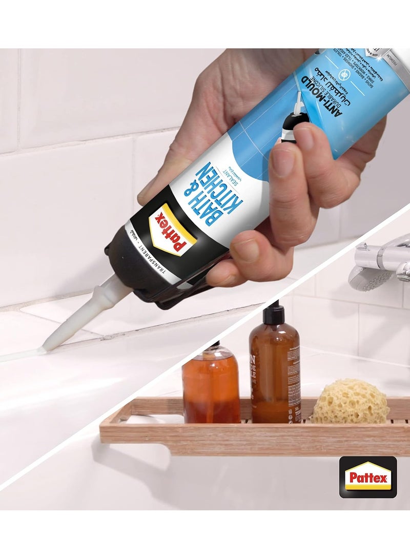 Pattex - Pattex Sanitary Antimould Transparent Pressure Pack, For Indoor Sealing, Ideal For Bathroom & Kitchen, Waterproof And Mould Resistant. Easy To Use Sealant, 1X200Ml Pressure Pack Clear - Image 1