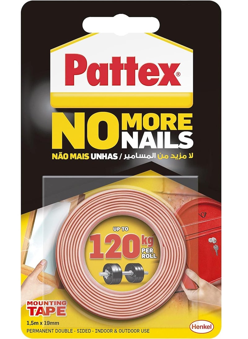 باتكس Pattex No More Nails On A Roll, Double-Sided Tape For Reliable Instant Bonding, Multipurpose Adhesive Tape, Adhesive Strips For Indoor/Outdoor Use, 19mm X 1.5M Roll 120g  - Image 1