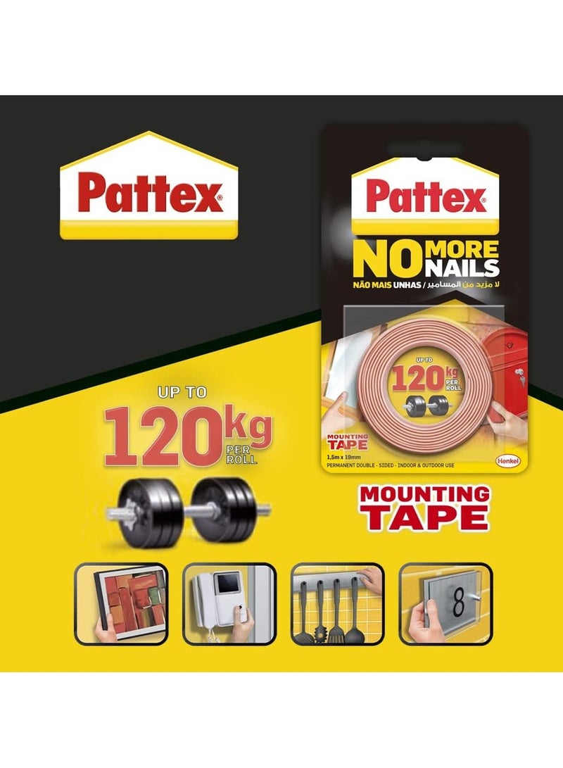 Pattex No More Nails On A Roll, Double-Sided Tape For Reliable Instant Bonding, Multipurpose Adhesive Tape, Adhesive Strips For Indoor/Outdoor Use, 19mm X 1.5M Roll 120g - pnsku/N70158788V/45/_/1741178481/a26a7271-f624-4983-814d-a750d61ece51