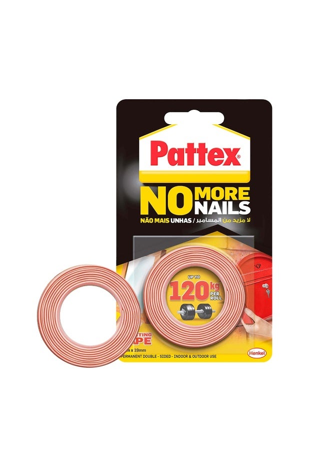 Pattex No More Nails Mounting Tape | 19mm x 1.5m Roll | Double-Sided Foam Tape | Holding Capacity: Upto 120kg/ Roll - Image 1