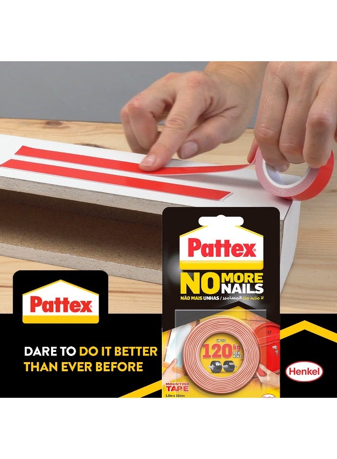 Pattex No More Nails Mounting Tape | 19mm x 1.5m Roll | Double-Sided Foam Tape | Holding Capacity: Upto 120kg/ Roll - Image 4