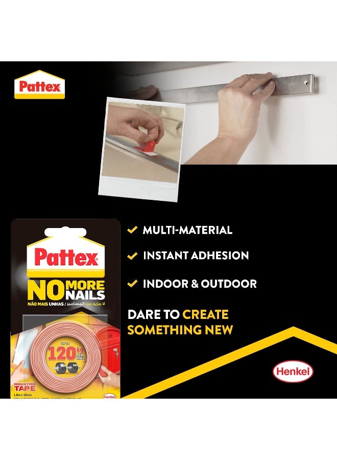 Pattex No More Nails Mounting Tape | 19mm x 1.5m Roll | Double-Sided Foam Tape | Holding Capacity: Upto 120kg/ Roll - Image 2
