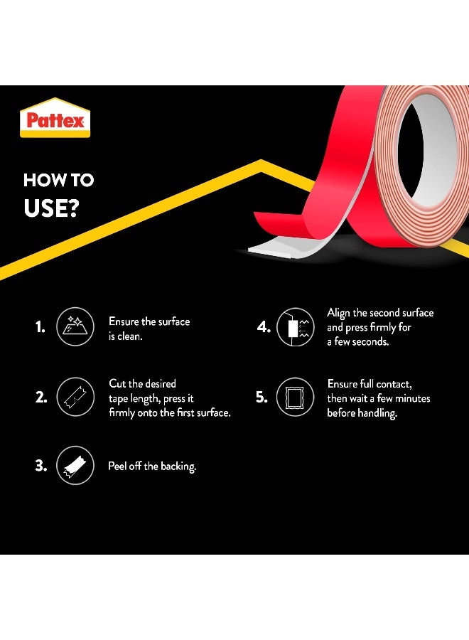 Pattex No More Nails Mounting Tape | 19mm x 1.5m Roll | Double-Sided Foam Tape | Holding Capacity: Upto 120kg/ Roll - Image 3