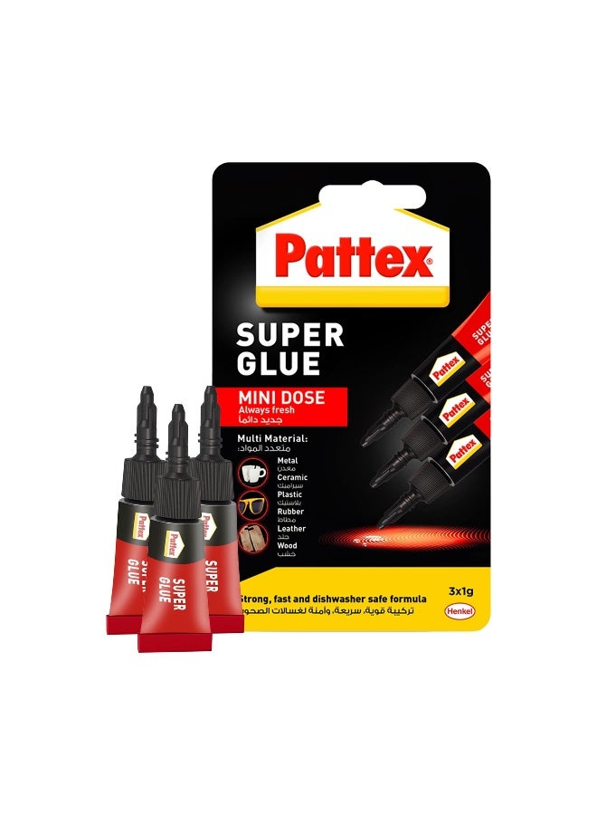 Pattex Super Glue Mini Dose - 3x1g | All Purpose Clear Adhesive with Anti-Clog Cap | Instant Grip Invisible Repair Clear - Image 1