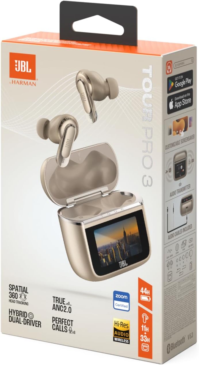 JBL - Tour Pro 3, True Wireless Earbuds With Bluetooth, Built-in Battery And 40h Playback, Charging Case, Noise Cancelling And Spatial 360 With Head Tracking Gold - Image 1