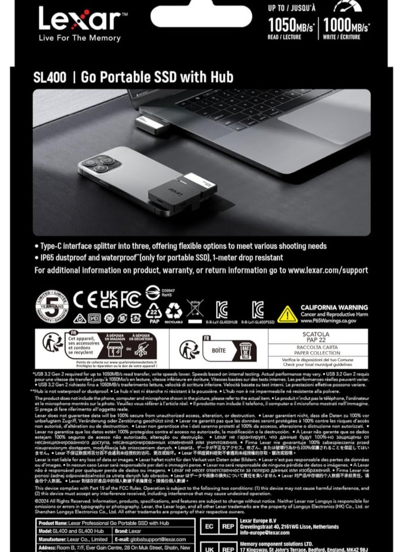ليكسار Lexar 1TB Professional Go Portable SSD w/Hub, Supports Apple ProRes, Up to 1050MB/s Read & 1000MB/s Write, USB 3.2 Gen 2, Rugged, Compatible with iPhone 15 Series, PC & Mac (LSL400S001T-RNSNU) 1 TB  - Image 4