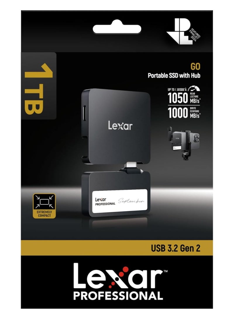 ليكسار Lexar 1TB Professional Go Portable SSD w/Hub, Supports Apple ProRes, Up to 1050MB/s Read & 1000MB/s Write, USB 3.2 Gen 2, Rugged, Compatible with iPhone 15 Series, PC & Mac (LSL400S001T-RNSNU) 1 TB  - Image 2