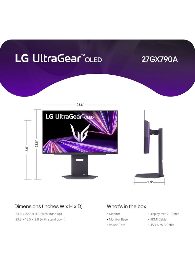 LG - 27GX790A-B 27-inch Ultragear OLED Gaming Monitor QHD, 480Hz, 0.03ms, DisplayPort 2.1, True Black 400, NVIDIA G-Sync, AMD FreeSync Premium Pro, HDMI, DP, USB, Tilt/Height/Swivel/Pivot Stand Black - Image 1