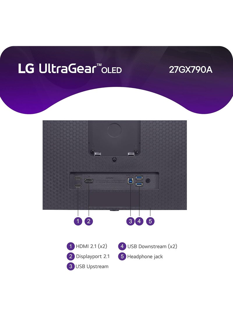 LG - 27GX790A-B 27-inch Ultragear OLED Gaming Monitor QHD, 480Hz, 0.03ms, DisplayPort 2.1, True Black 400, NVIDIA G-Sync, AMD FreeSync Premium Pro, HDMI, DP, USB, Tilt/Height/Swivel/Pivot Stand Black - Image 1