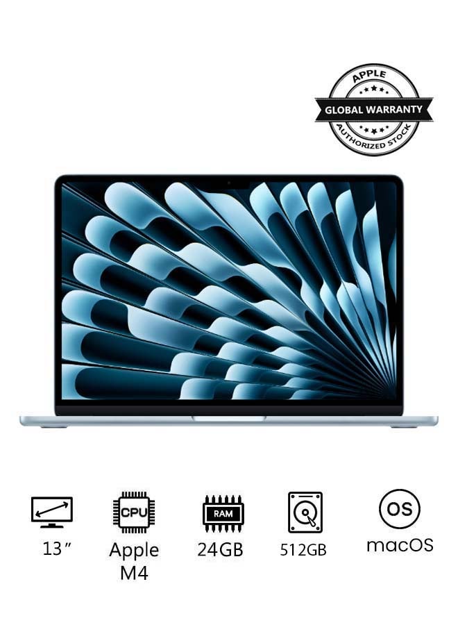 أبل - New 2025 MacBook Air MC6V4 13-Inch Display, Apple M4 Chip 10-Core CPU 10-Core GPU Processor/24GB RAM/512GB SSD/macOS(International version) English Sky Blue - Image 1