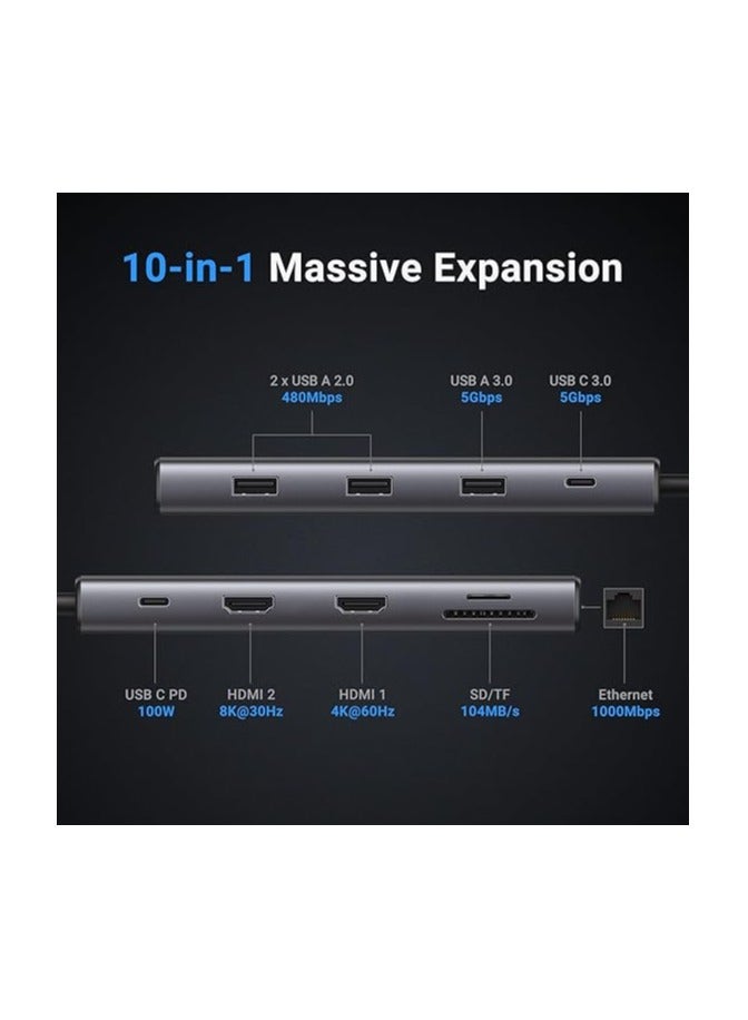 يو جرين Revodok Pro 210 USB C Docking Station, 10-in-1 USB C Dock Dual 4K@60Hz, Single 8K@30Hz, Gigabit Ethernet, 100W PD, 4 USB-C and USB-A Data Ports, SD/TF, USB C Hub Dual HDMI for Thinkpad, Surface Grey - Image 4