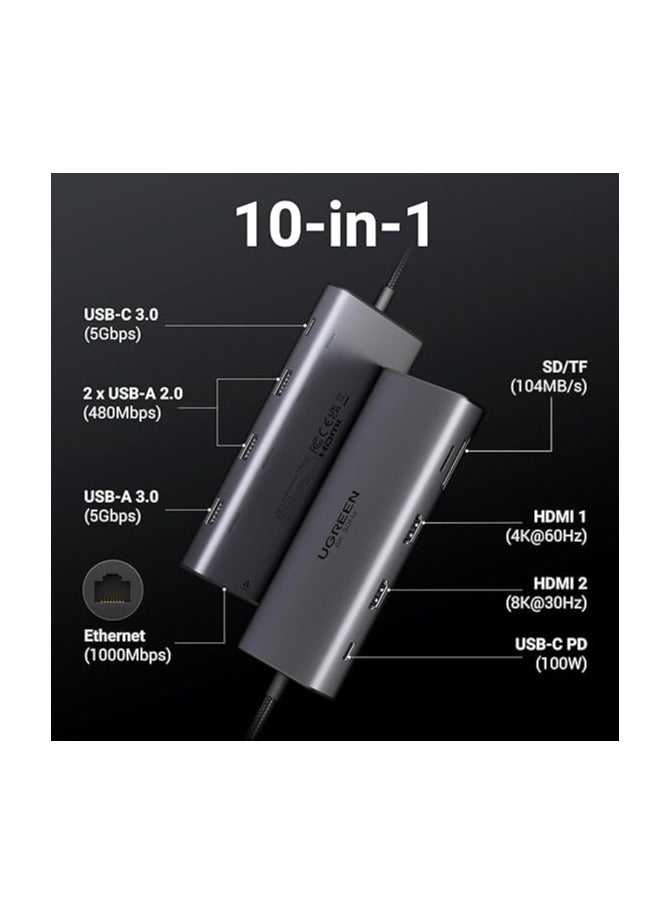يو جرين Revodok Pro 210 USB C Docking Station, 10-in-1 USB C Dock Dual 4K@60Hz, Single 8K@30Hz, Gigabit Ethernet, 100W PD, 4 USB-C and USB-A Data Ports, SD/TF, USB C Hub Dual HDMI for Thinkpad, Surface Grey - Image 2