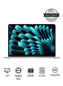 New 2025 MacBook Air MC654 13-Inch Display, Apple M4 Chip 10-Core CPU 10-Core GPU Processor/24GB RAM/512GB SSD/macOS English/Arabic Silver