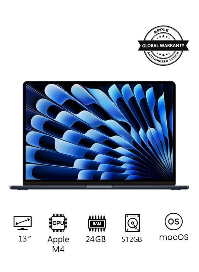 MacBook Air MC6C4 Laptop With 13 Inch Liquid Retina XDR Display , M4 Chip 10-Core CPU 10-Core GPU Processor/24GB RAM DDR5/512GB SSD/MacOS/ English/Arabic Midnight