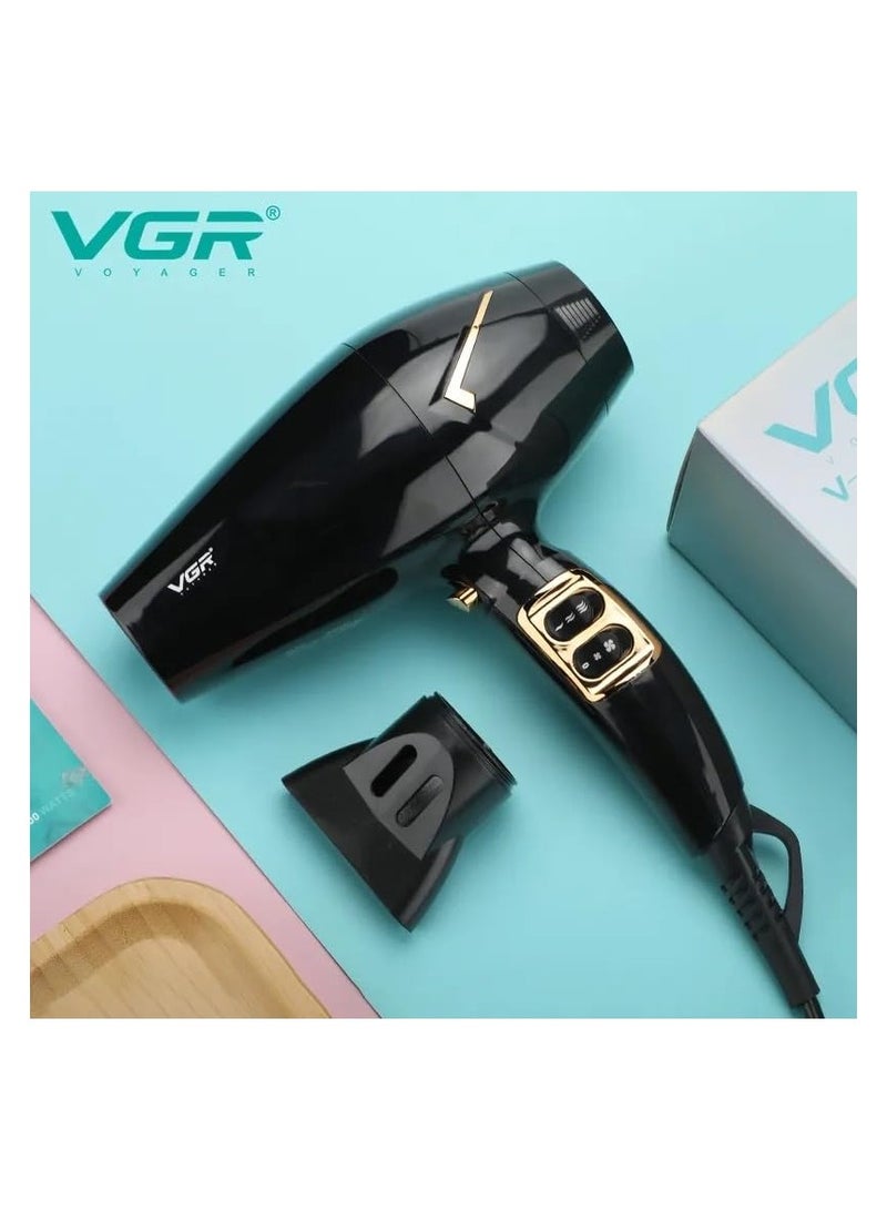 VGR V-423 Professional Salon Series Hair Dryer 1800-2200W DC Motor 3 Heat Setting Independent Cool Shot Styling Comb Nozzle Overheating Protection with Turbo Function & 2 Speed Setting black