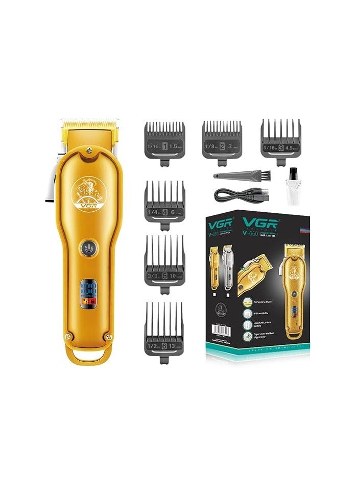 VGR V-650 Professional Hair Clipper with LED Display, Stainless Steel Blades, USB Charging cable, 6 Guide Comb, 2000 mAh Li-ion Battery (Gold) gold
