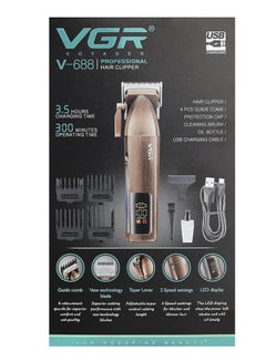 في جي آر VGR V-688 Professional Hair Clipper with LED Display, Stainless Steel Blades, USB Charging cable, 4 Guide Comb, Taper Lever Adjustments 2000 mAh Li-ion Battery gold  - Image 4