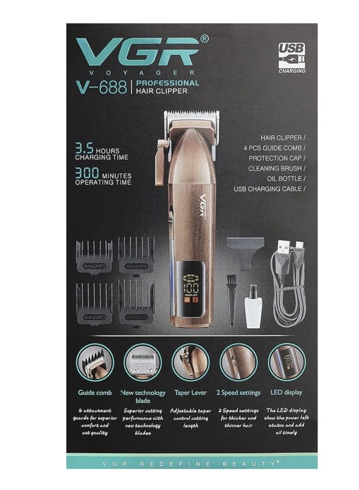 VGR - VGR V-688 Professional Hair Clipper with LED Display, Stainless Steel Blades, USB Charging cable, 4 Guide Comb, Taper Lever Adjustments 2000 mAh Li-ion Battery gold - Image 1