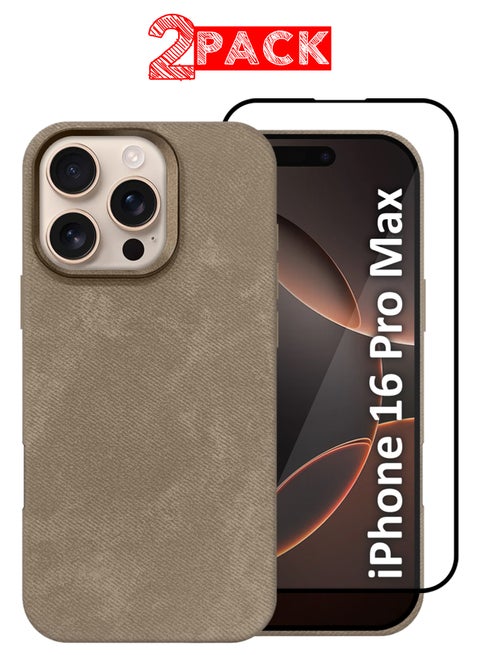 2Packs iPhone 16 Pro Max Alcantara Case Cover Premium Quality Luxurious Soft Touch Protection with Metal Camera Frame with a 3D Screen Protector - Desert Titanium Desert Titanium-2