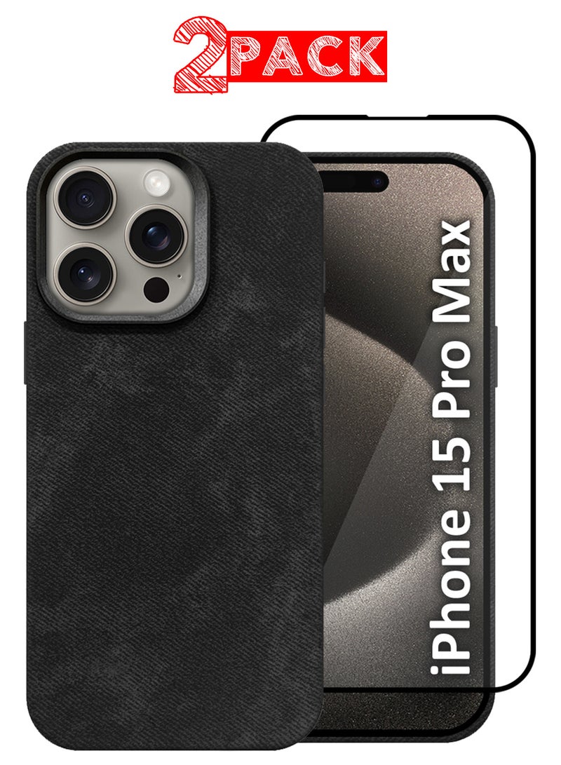 MARGOUN 2Packs iPhone 15 Pro Max Alcantara Case Cover Premium Quality Luxurious Soft Touch Protection with Metal Camera Frame with a 3D Screen Protector - Black Black-2  - Image 1
